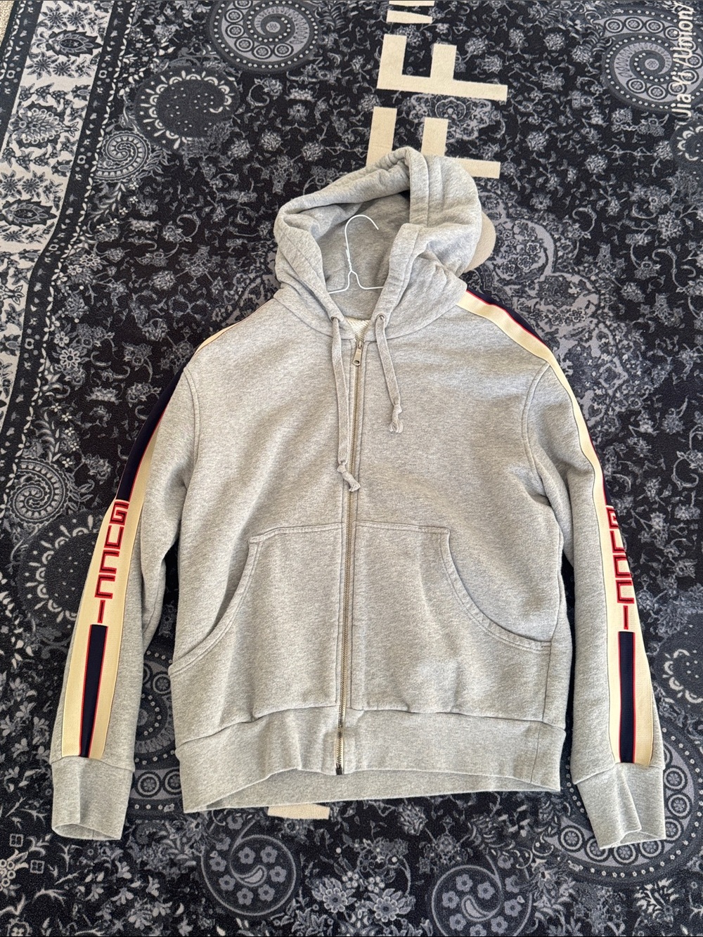 Gucci Gray Zip-Up Hoodie with Red & Navy Trim
